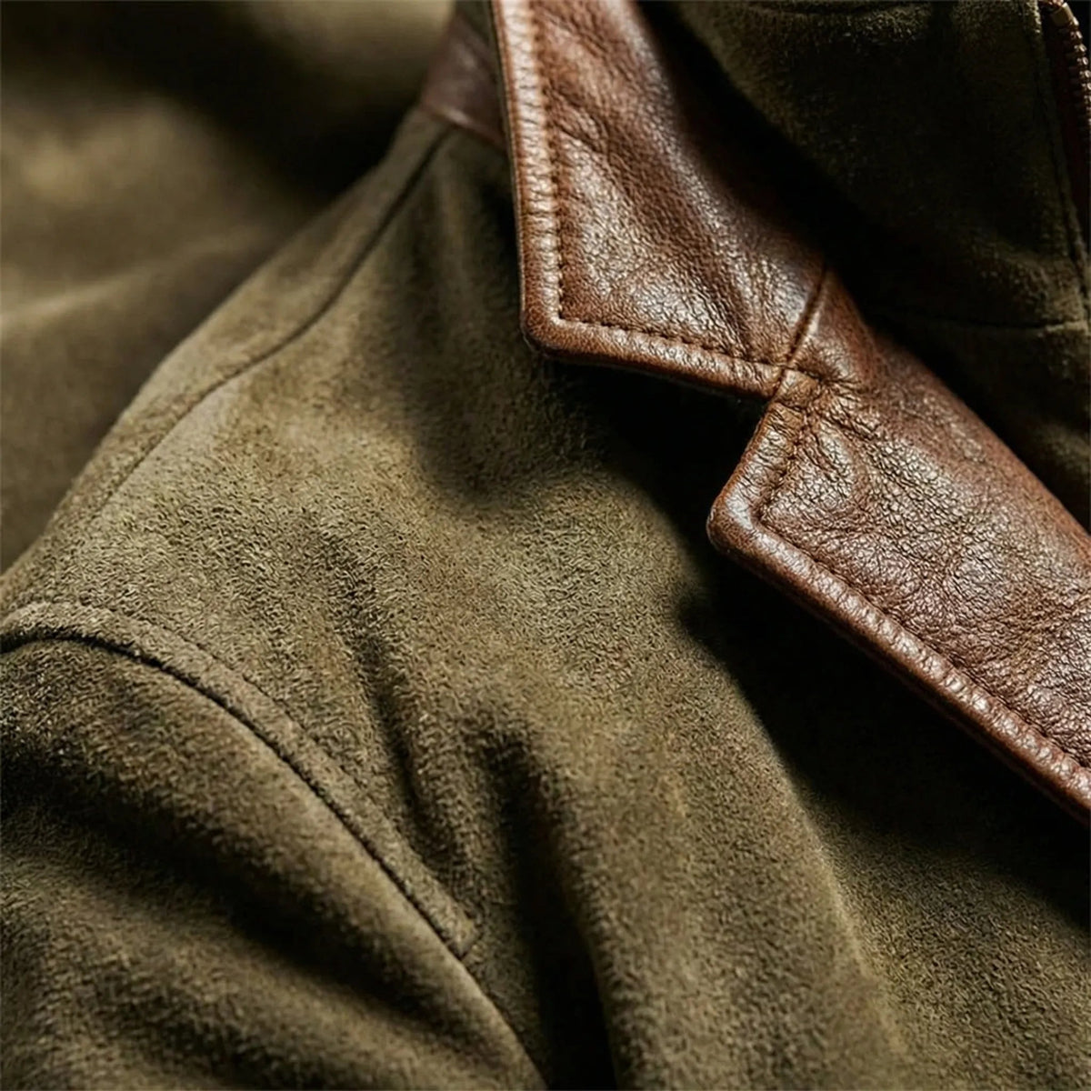Rugged Faux Suede Field Jacket for Men with Stand Collar Long Sleeve Button Front Leather Trim Style