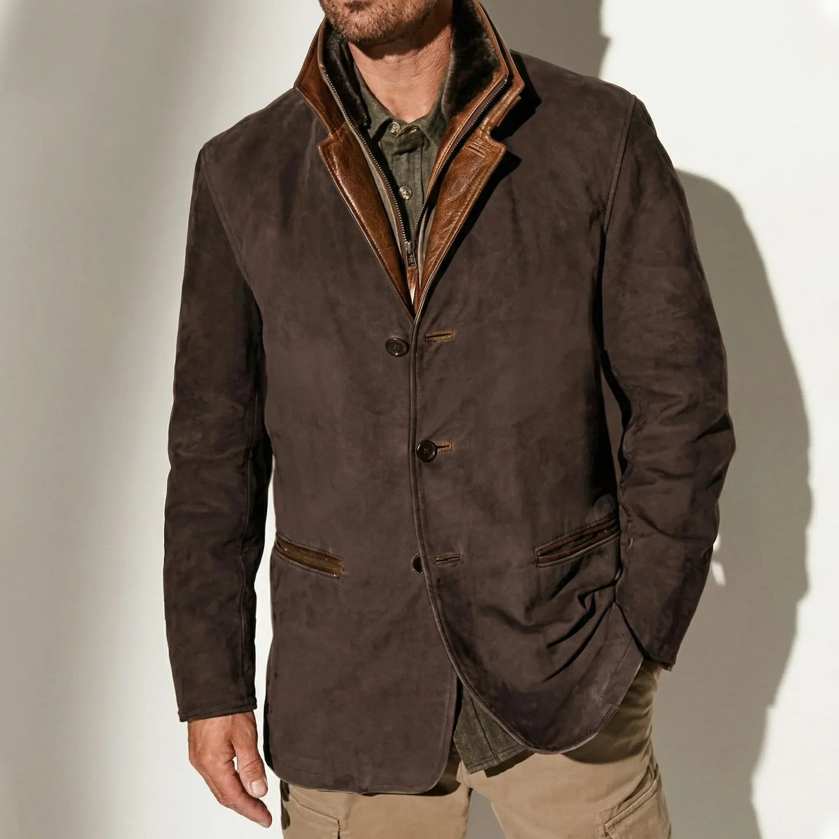 Rugged Faux Suede Field Jacket for Men with Stand Collar Long Sleeve Button Front Leather Trim Style