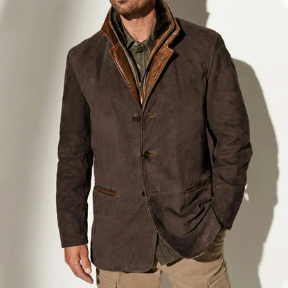 Rugged Faux Suede Field Jacket for Men with Stand Collar Long Sleeve Button Front Leather Trim Style