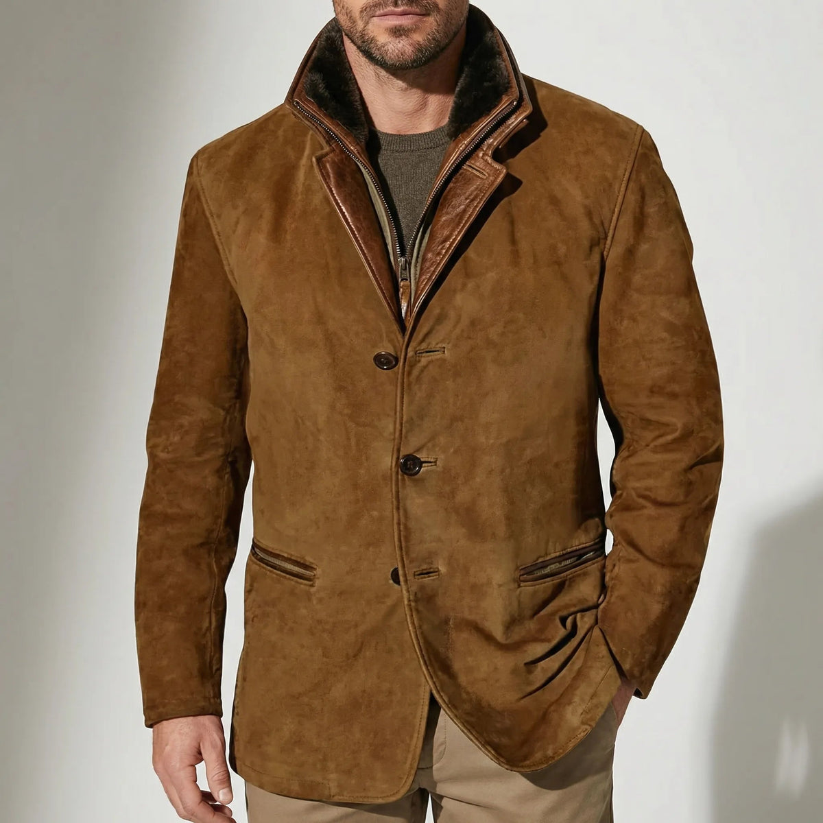 Rugged Faux Suede Field Jacket for Men with Stand Collar Long Sleeve Button Front Leather Trim Style