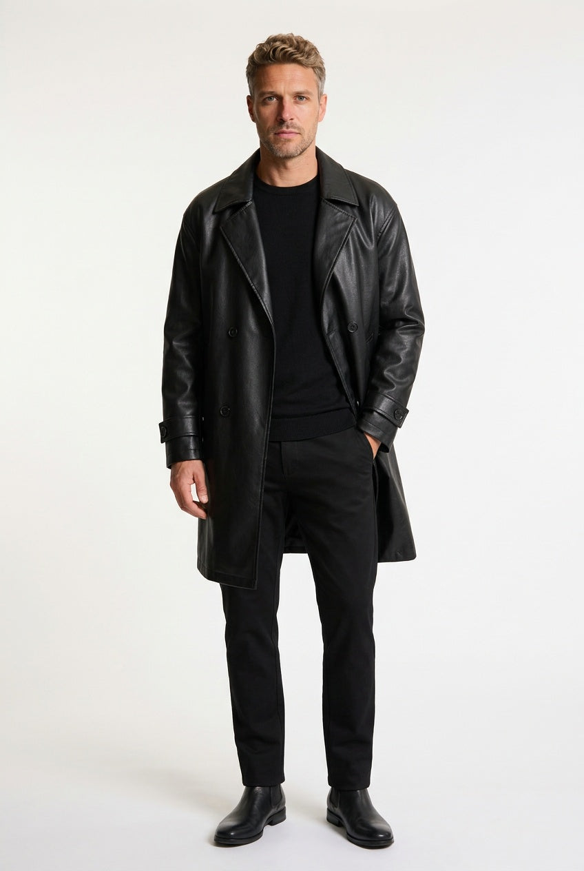 Chic Leather Trench Coat for Men with Notch Lapel Long Sleeve Double Breasted Longline Style