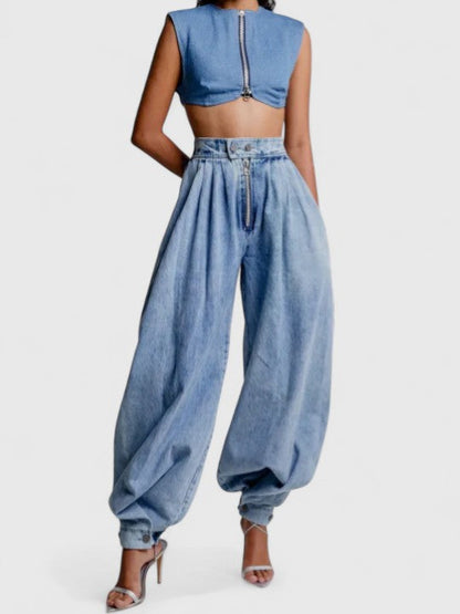 Effortless Blue Barrel Leg Jeans Two Piece Set for Women with Cropped Zip Back Top High Waisted Pleated Casual Style