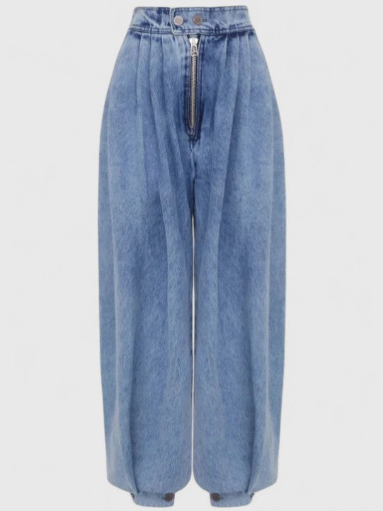 Effortless Blue Barrel Leg Jeans Two Piece Set for Women with Cropped Zip Back Top High Waisted Pleated Casual Style