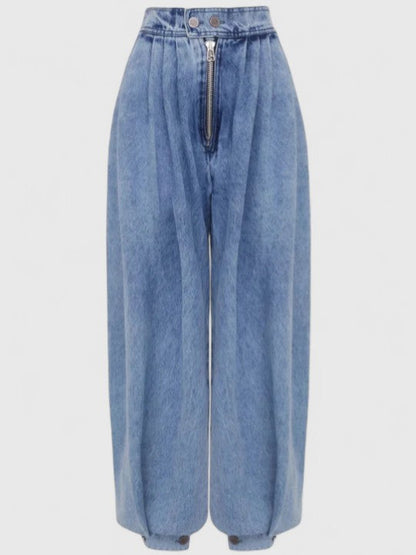 Effortless Blue Barrel Leg Jeans Two Piece Set for Women with Cropped Zip Back Top High Waisted Pleated Casual Style