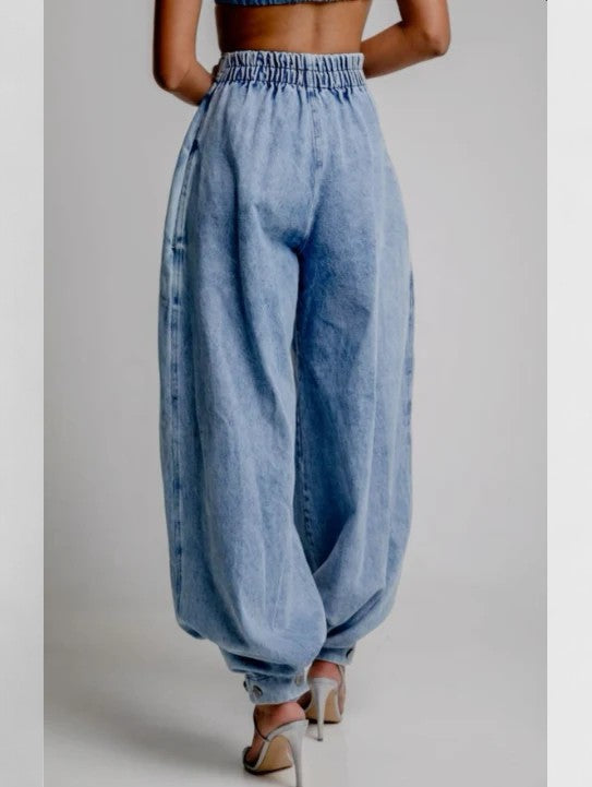 Effortless Blue Barrel Leg Jeans Two Piece Set for Women with Cropped Zip Back Top High Waisted Pleated Casual Style