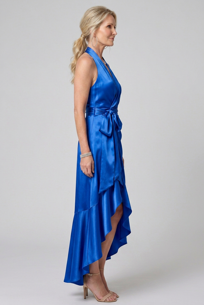 Elegant Champagne Satin Cocktail Dress for Women with Halter Neck Sleeveless Wrap High Low Style