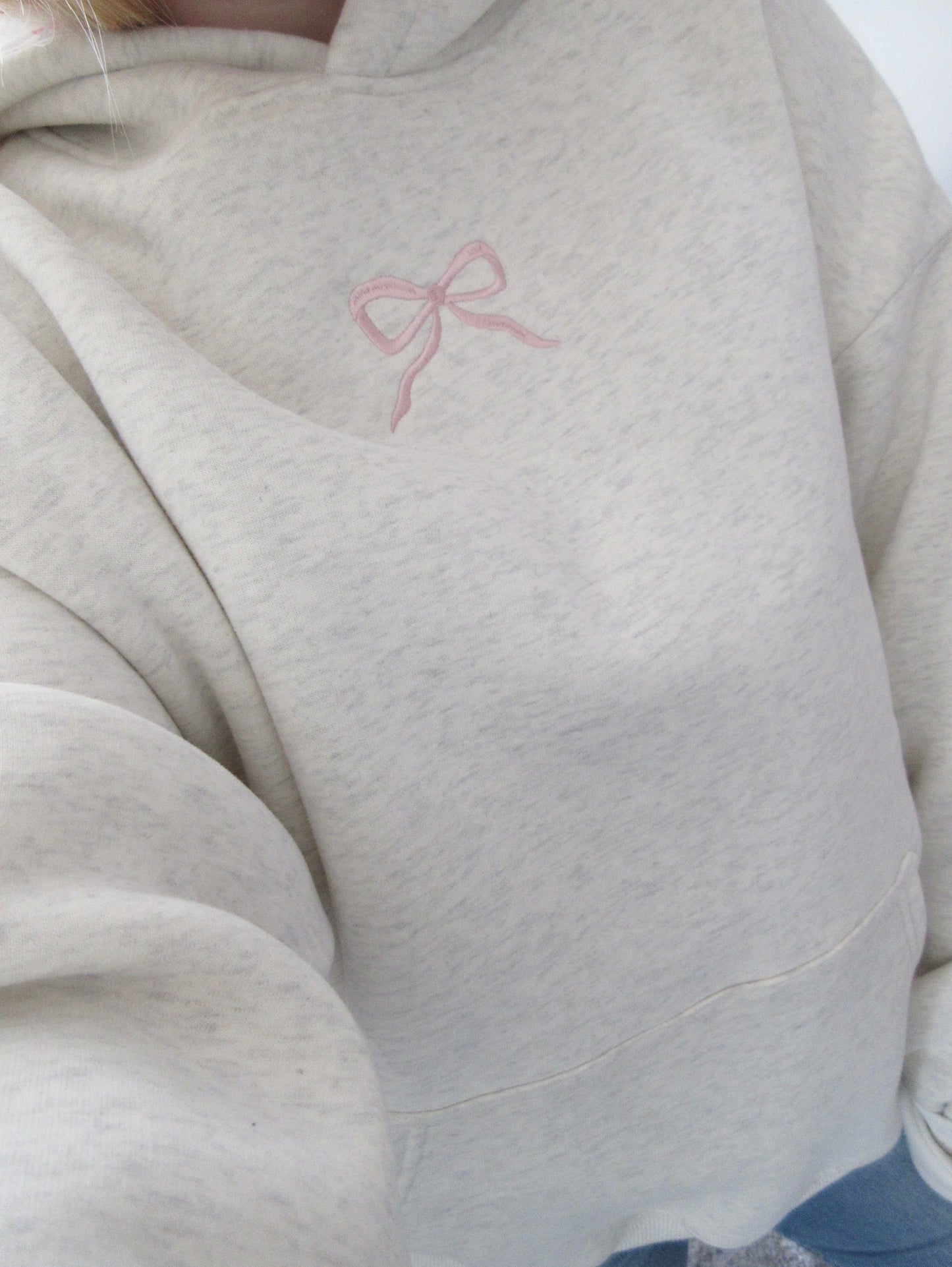 Comfortable Heather Gray Embroidered Bow Hoodie for Women with Hooded Long Sleeve Floral Lined Oversized Knit Style