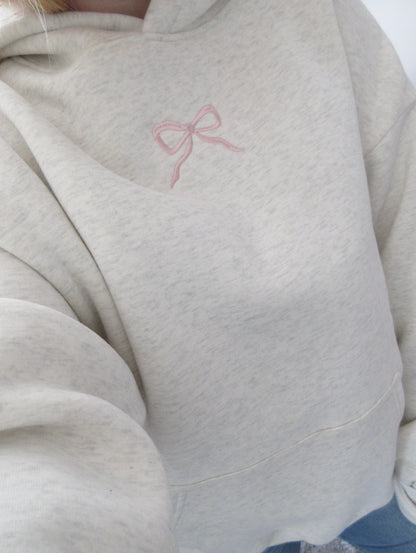 Comfortable Heather Gray Embroidered Bow Hoodie for Women with Hooded Long Sleeve Floral Lined Oversized Knit Style