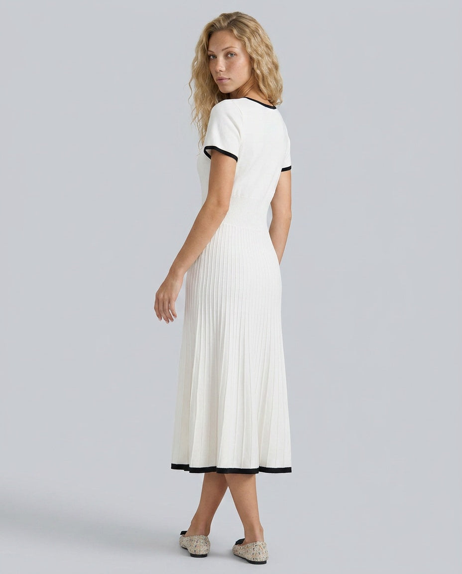 Chic White Sweater Dress for Women with V Neck Short Sleeve Ribbed Knit Pleated Midi Style