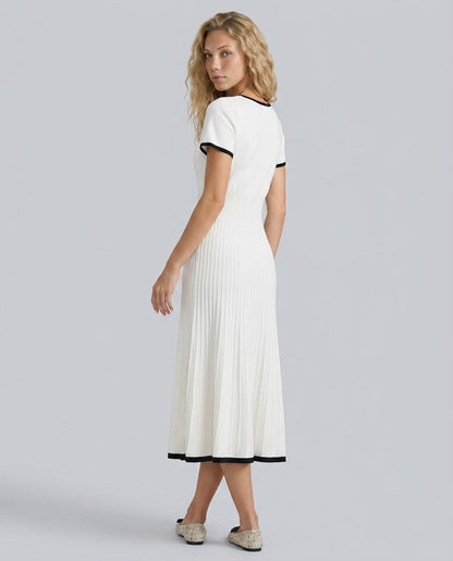 Chic White Sweater Dress for Women with V Neck Short Sleeve Ribbed Knit Pleated Midi Style