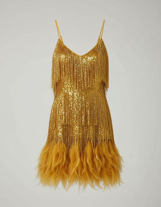 Elegant Gold Dress for Women with V Neck Spaghetti Strap Sequin Fringe Feather Hem Party Style