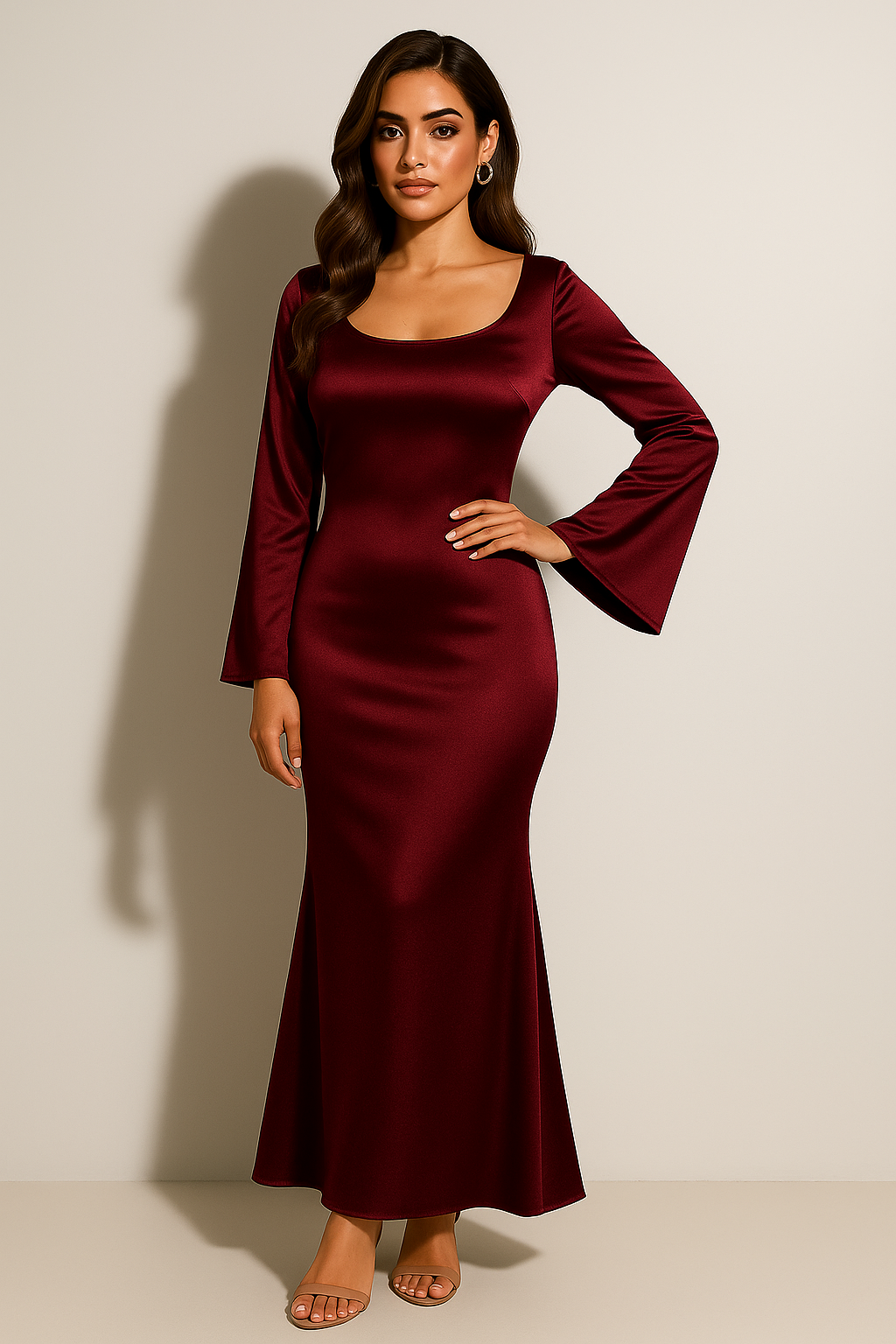 Elegant Satin Autumn Wedding Guest Dress for Women with Scoop Neck Bell Sleeve Mermaid Flowing Style