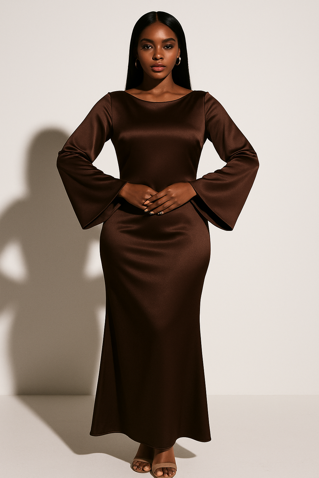 Elegant Satin Autumn Wedding Guest Dress for Women with Scoop Neck Bell Sleeve Mermaid Flowing Style