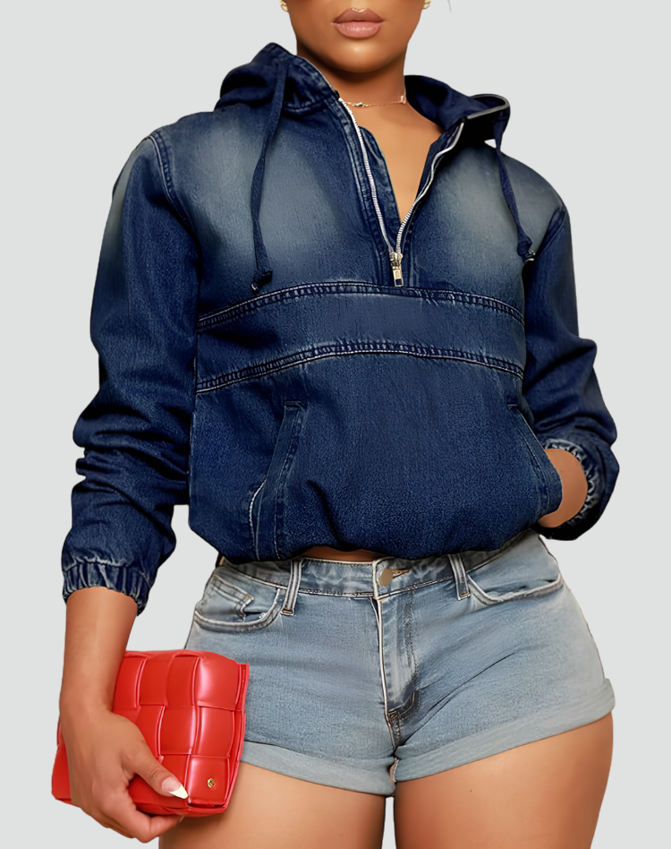 Effortless Denim Hoodie for Women with Half Zip Hooded Long Sleeve Cropped Casual Style