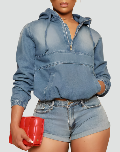 Effortless Denim Hoodie for Women with Half Zip Hooded Long Sleeve Cropped Casual Style