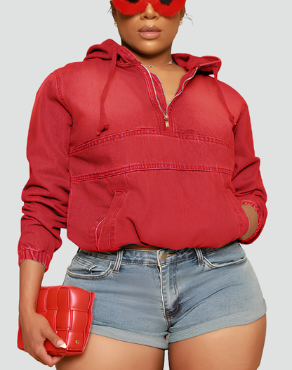 Effortless Denim Hoodie for Women with Half Zip Hooded Long Sleeve Cropped Casual Style