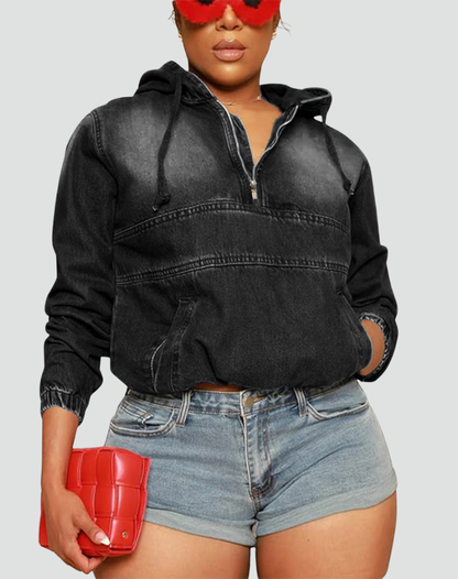 Effortless Denim Hoodie for Women with Half Zip Hooded Long Sleeve Cropped Casual Style
