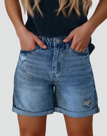 Effortless Distressed Denim Bermuda Shorts for Women with High Waisted Cuffed Hem Relaxed Casual Style