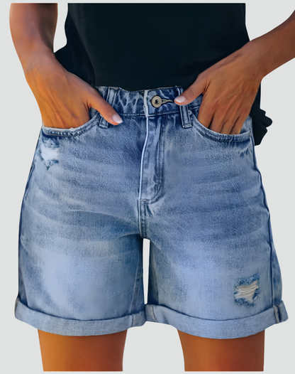 Effortless Distressed Denim Bermuda Shorts for Women with High Waisted Cuffed Hem Relaxed Casual Style