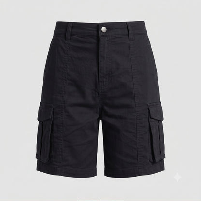 Effortless Black Cargo Bermuda Shorts for Women with High Waist Button Front Relaxed Casual Style