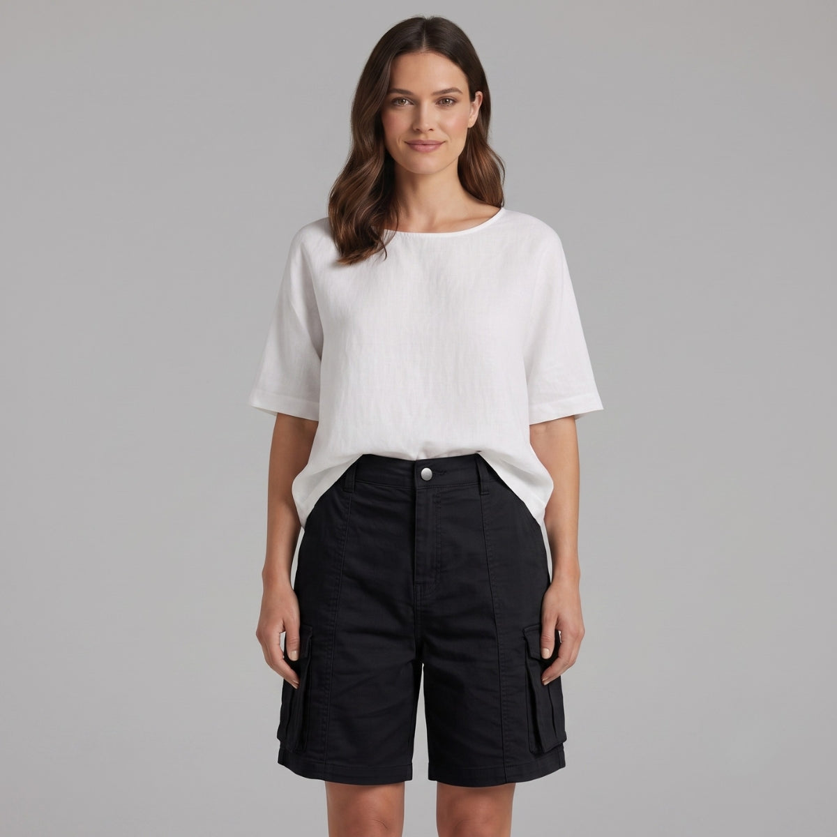 Effortless Black Cargo Bermuda Shorts for Women with High Waist Button Front Relaxed Casual Style