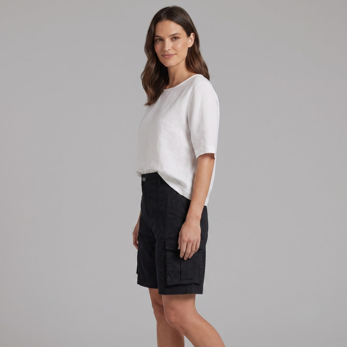 Effortless Black Cargo Bermuda Shorts for Women with High Waist Button Front Relaxed Casual Style