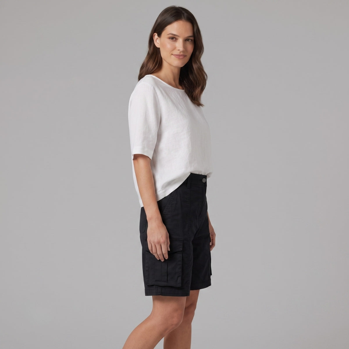 Effortless Black Cargo Bermuda Shorts for Women with High Waist Button Front Relaxed Casual Style