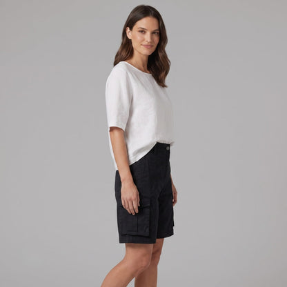 Effortless Black Cargo Bermuda Shorts for Women with High Waist Button Front Relaxed Casual Style