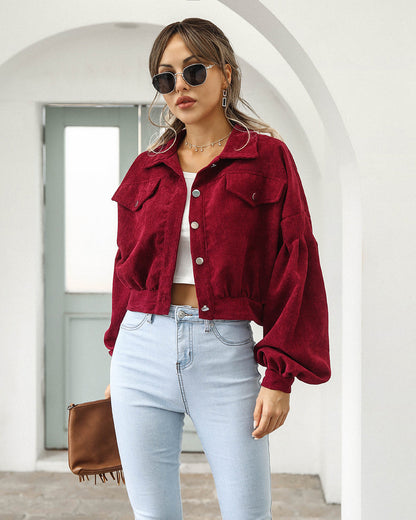 Effortless Corduroy Jacket for Women with Spread Collar Long Sleeve Cropped Button Front Style