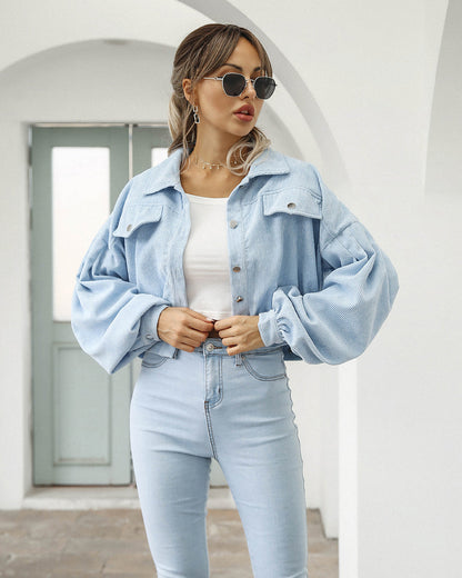 Effortless Corduroy Jacket for Women with Spread Collar Long Sleeve Cropped Button Front Style