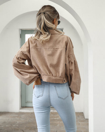 Effortless Corduroy Jacket for Women with Spread Collar Long Sleeve Cropped Button Front Style