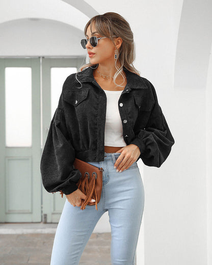 Effortless Corduroy Jacket for Women with Spread Collar Long Sleeve Cropped Button Front Style