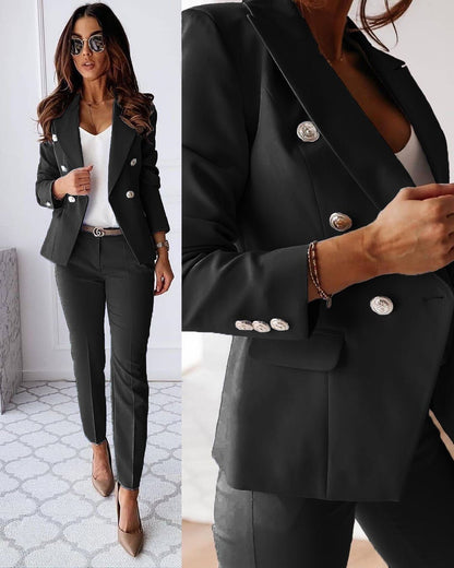 Elegant Blazer Pants Set for Women with Notched Lapel Long Sleeve Double Breasted Suit Style