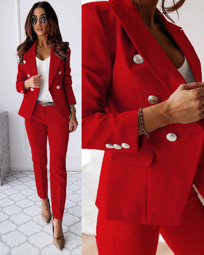 Elegant Blazer Pants Set for Women with Notched Lapel Long Sleeve Double Breasted Suit Style
