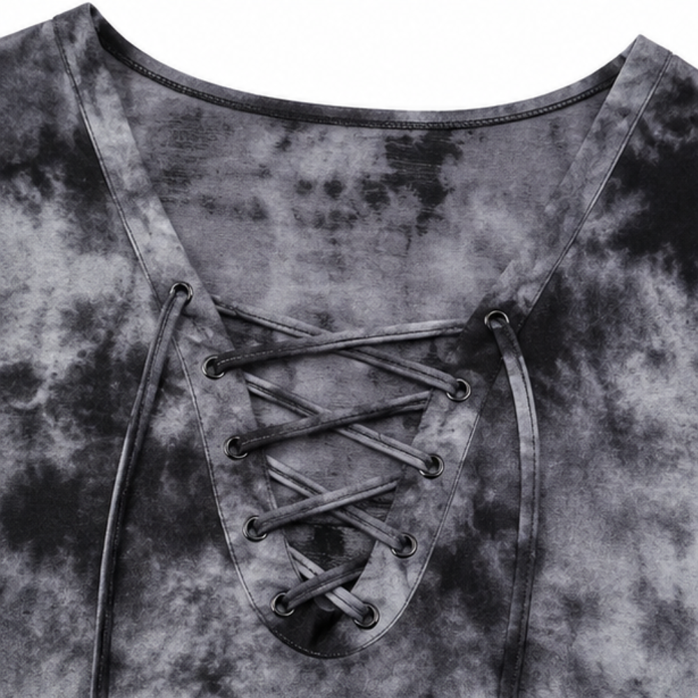 Effortless Tie Dye Fall Top for Women with V Neck Lace Up Short Sleeve Relaxed Casual Style