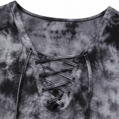 Effortless Tie Dye Fall Top for Women with V Neck Lace Up Short Sleeve Relaxed Casual Style