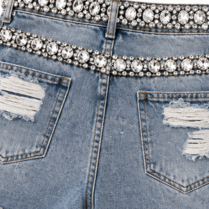 Elegant Light Blue Rhinestone Denim Shorts for Women with High Waisted Ripped Embellished Going Out Style