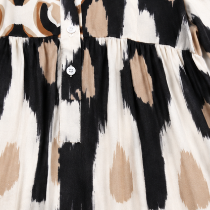 Effortless Ikat Print Tiered Shirt Dress for Women with V Neck Bell Sleeve Button Front Fall Style
