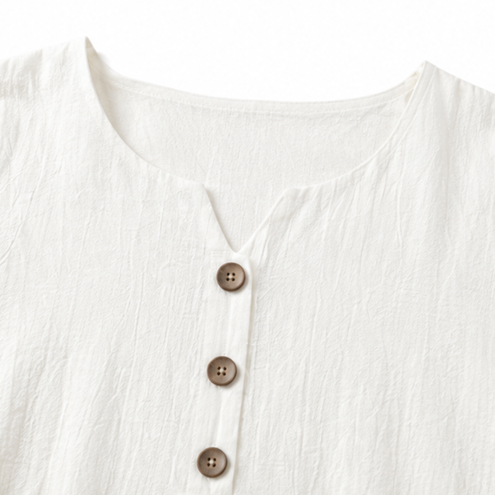 Effortless Linen Midi Dress for Women with Round Neck Bell Sleeve Button Front Relaxed Style
