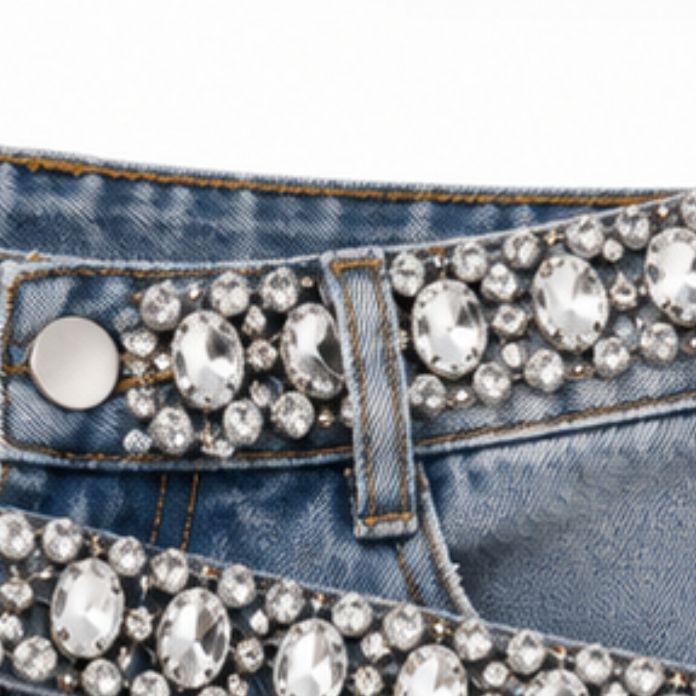Elegant Light Blue Rhinestone Denim Shorts for Women with High Waisted Ripped Embellished Going Out Style