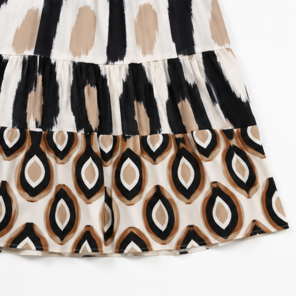 Effortless Ikat Print Tiered Shirt Dress for Women with V Neck Bell Sleeve Button Front Fall Style
