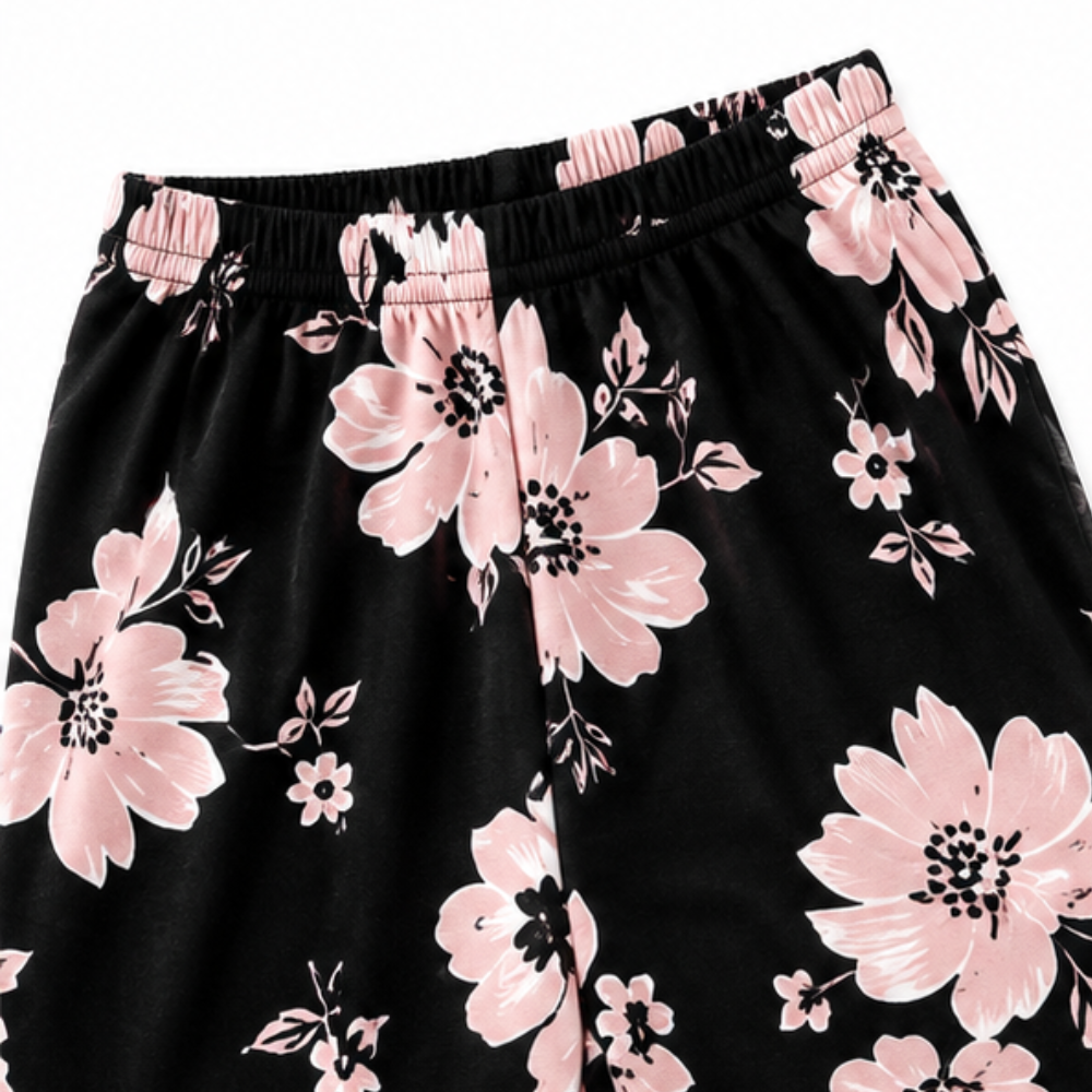Effortless Floral Wide Leg Set for Women with Round Neck Long Sleeve Layered Hem Two Piece Style