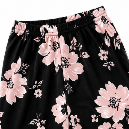 Effortless Floral Wide Leg Set for Women with Round Neck Long Sleeve Layered Hem Two Piece Style