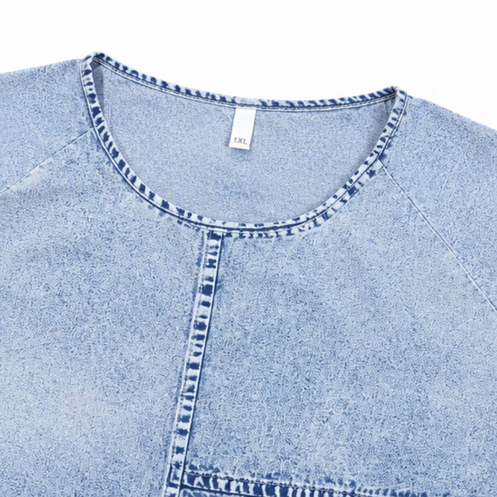 Effortless Sky Blue Chambray Tunic Top for Women with Scoop Neck Elbow Sleeve Patchwork Relaxed Fall Style