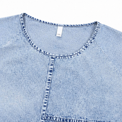 Effortless Sky Blue Chambray Tunic Top for Women with Scoop Neck Elbow Sleeve Patchwork Relaxed Fall Style