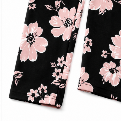 Effortless Floral Wide Leg Set for Women with Round Neck Long Sleeve Layered Hem Two Piece Style