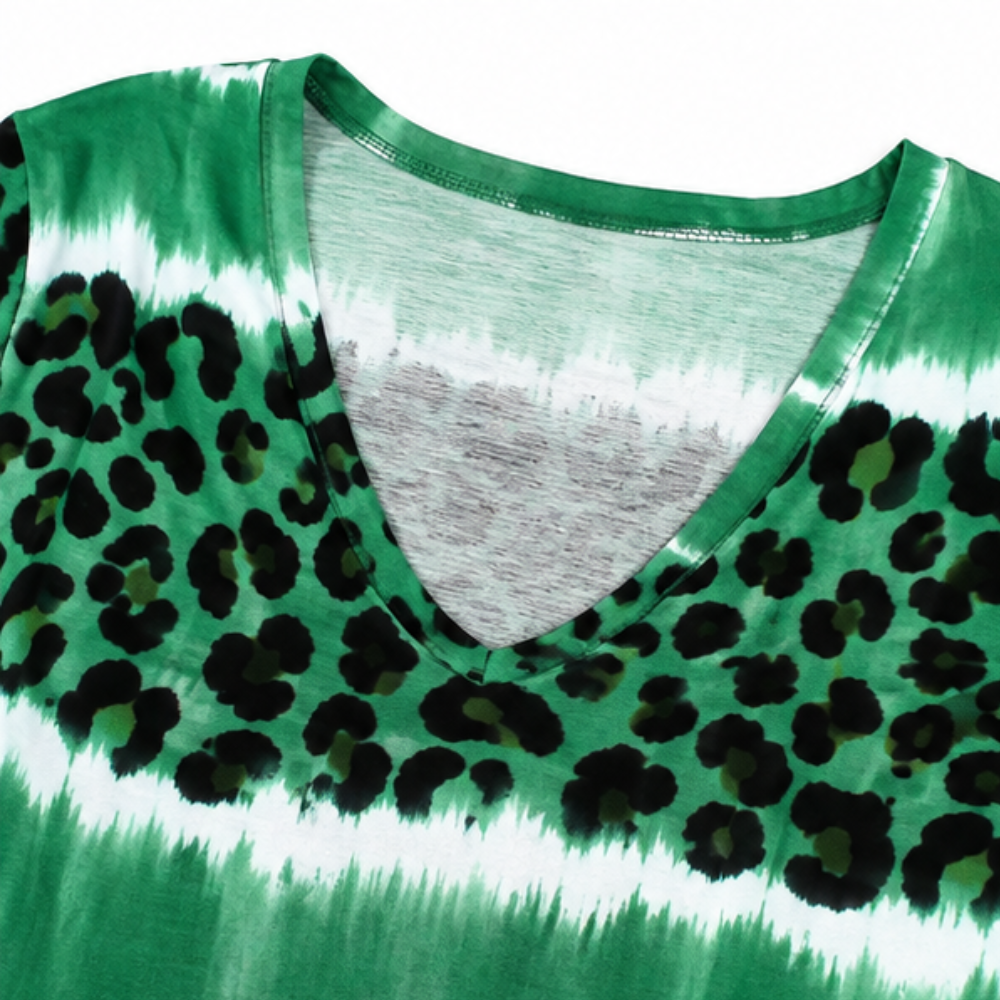 Effortless Tie Dye Leopard Print Midi Dress for Women with V Neck Short Sleeve Relaxed Pocket Bohemian Style