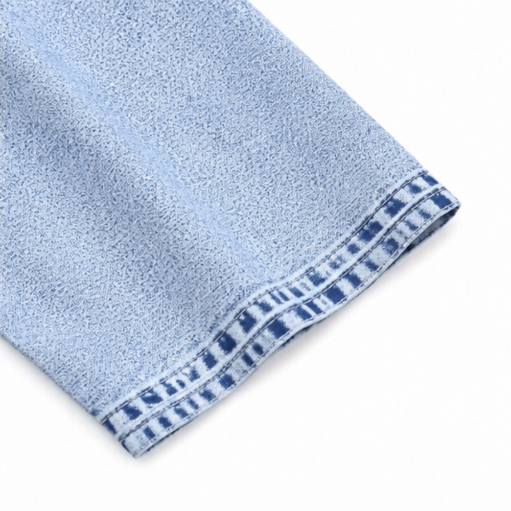 Effortless Sky Blue Chambray Tunic Top for Women with Scoop Neck Elbow Sleeve Patchwork Relaxed Fall Style