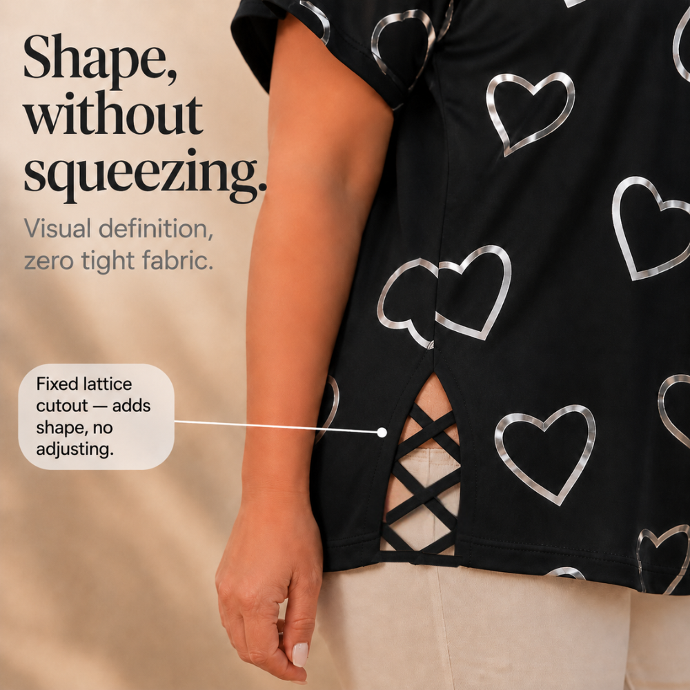 Effortless Heart Print Tunic Top for Women with V Neck Short Sleeve Cutout Shoulder Casual Style