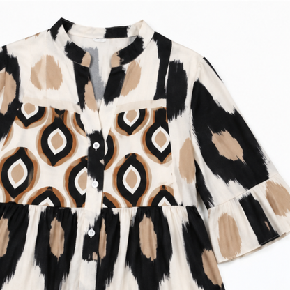Effortless Ikat Print Tiered Shirt Dress for Women with V Neck Bell Sleeve Button Front Fall Style